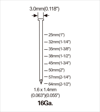 Гвоздь (штифт) отделочный 16GA тип Т 57 мм (2500 шт)